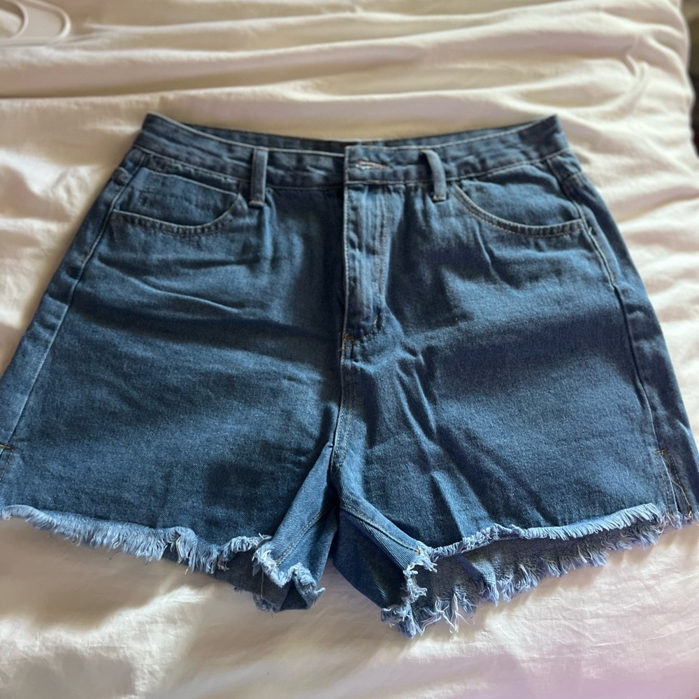 Blue Jean Shorts with Frayed Hem and Distressed Details